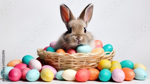 Easter bunny and Easter eggs on wooden background with spring flowers. Bunny near empty white frame. © TheoTheWizard