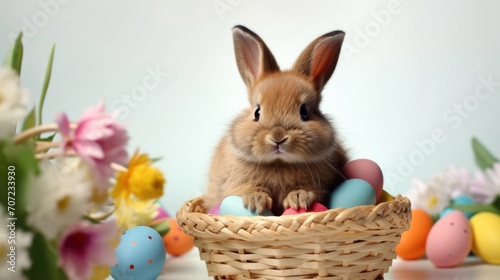 Easter bunny and Easter eggs on wooden background with spring flowers. Bunny near empty white frame.