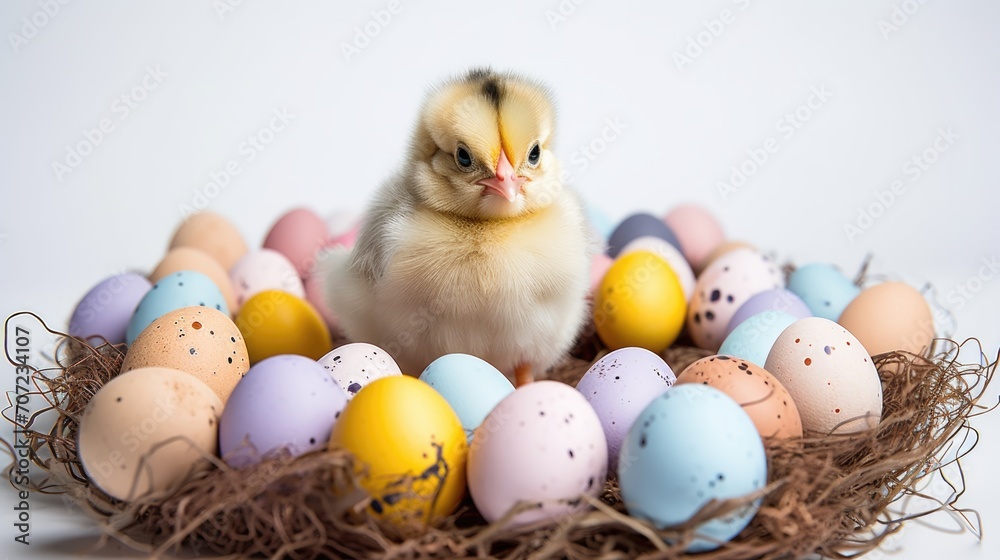 Easter Chick and Colorful Eggs on White Background. Happy Easter