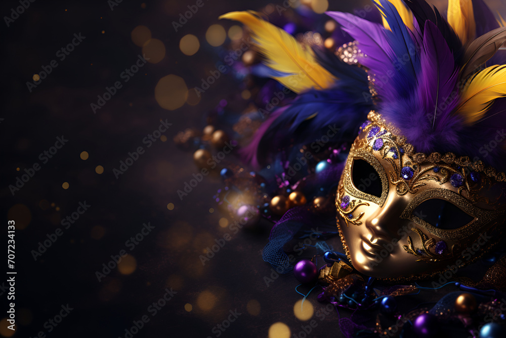 Carnival mask on a dark background, suitable for design with copy space, Mardi Gras celebration.