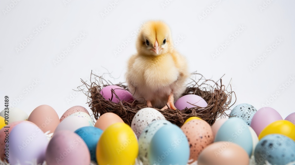 Easter Chick and Colorful Eggs on White Background. Happy Easter
