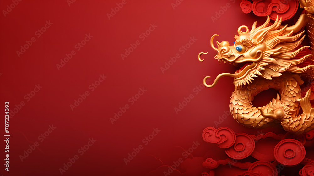Chinese new year concept banner of gold dragon dance on the red solid background Chinese new year concept banner of gold dragon dance on the red solid background