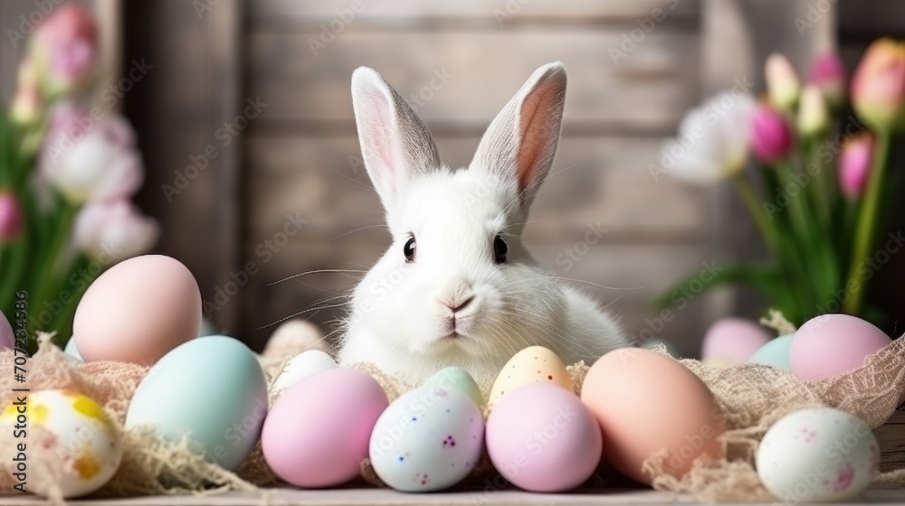 Easter bunny and Easter eggs on wooden background with spring flowers. Bunny near empty white frame. Easter bunny and Easter eggs on wooden background with spring flowers. Bunny near empty white frame.