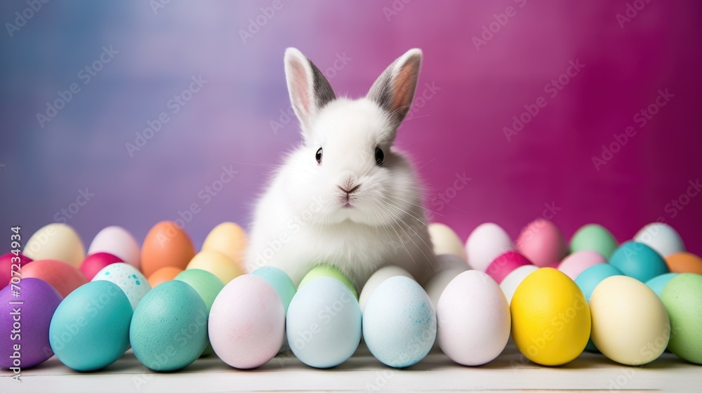 Easter bunny and colorful eggs on purple background. Happy Easter.