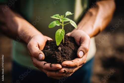 Farmer hands hold soil with fresh young plant