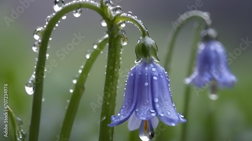 Water drops covered bluebell flowers, with droplets all over the flower petals, beautiful flowers 