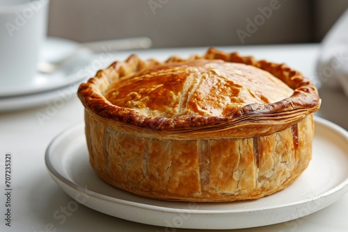 Traditional English pork meat pie with jellied pork stock on a plate on marble kitchen table