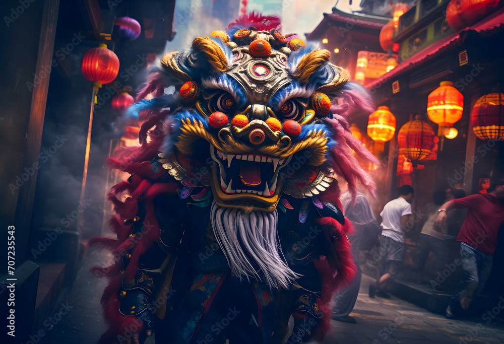 Chinese Lion Dance in the street at night. Chinese Lion Dance is one of the famous Chinese new year festivals Chinese Lion Dance in the street at night. Chinese Lion Dance is one of the famous Chinese new year festivals