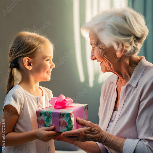 Wnuczka wręczająca babci prezent z okazji jej święta