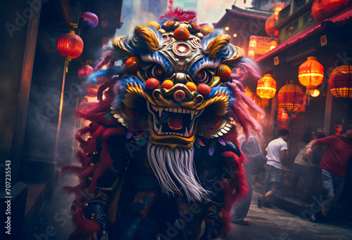Chinese Lion Dance in the street at night. Chinese Lion Dance is one of the famous Chinese new year festivals © Iwankrwn