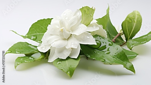 White flower with green leaves on a white background, close-up
