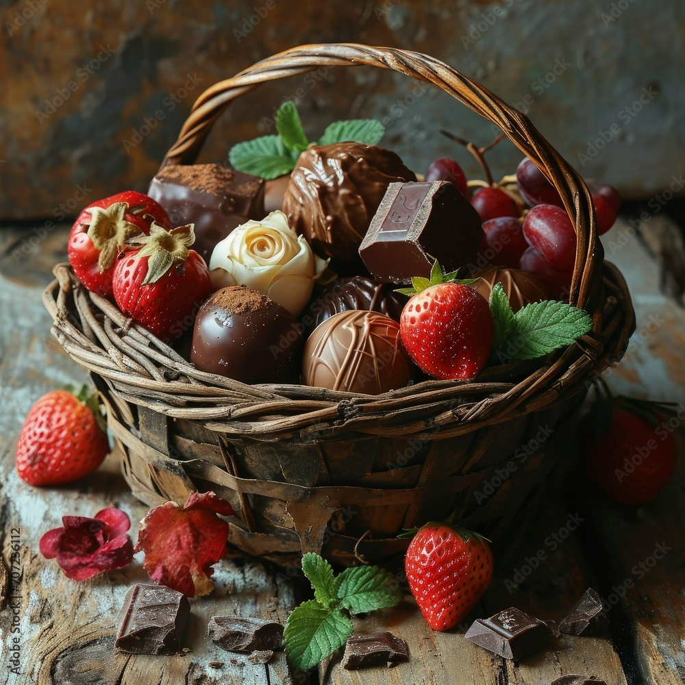 Rose and Star Chocolate in a Wooden Basket - Gourmet Delight for Festive Celebrations