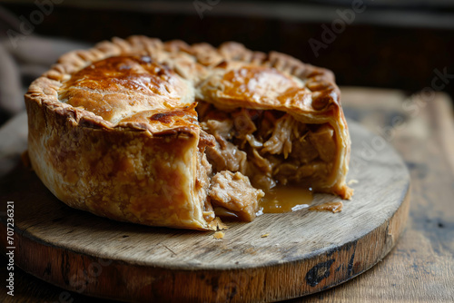Traditional English pork meat pie with jellied pork stock on wooden board on the kitchen table