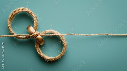 a close up of a pair of scissors tied up to a rope on a blue background with a knot on the end of the pair of the two handles of the scissors. photo