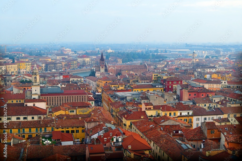 panorama of the city of Verona, a UNESCO world heritage site, seen from the top of the Lamberti tower, Italy
