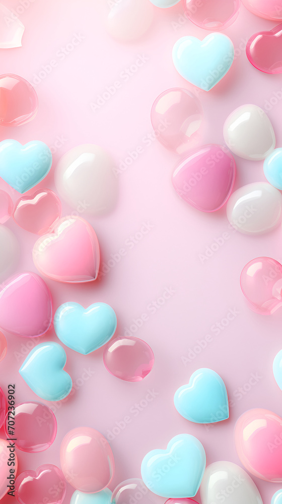 Valentine's Day background, with voluminous transparent hearts, with copy space, in soft pink color.