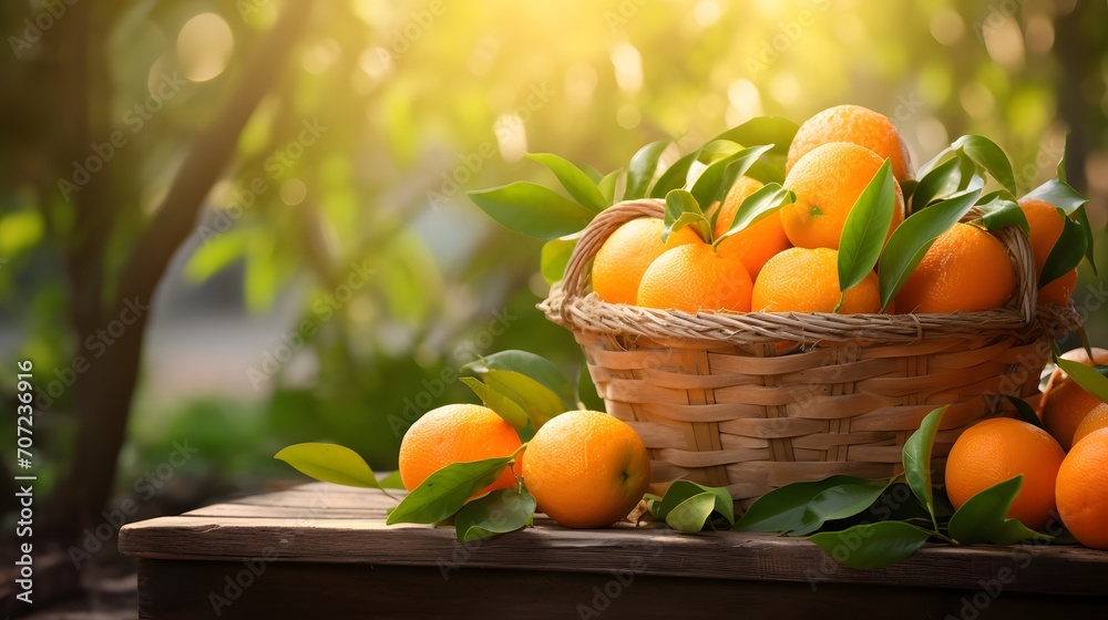 Organic ripe orange tangerine crop or citrus harvest in basket on wood against sunny garden background.