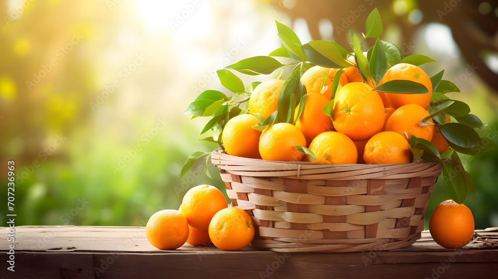 Organic ripe orange tangerine crop or citrus harvest in basket on wood against sunny garden background. Organic ripe orange tangerine crop or citrus harvest in basket on wood against sunny garden background.
