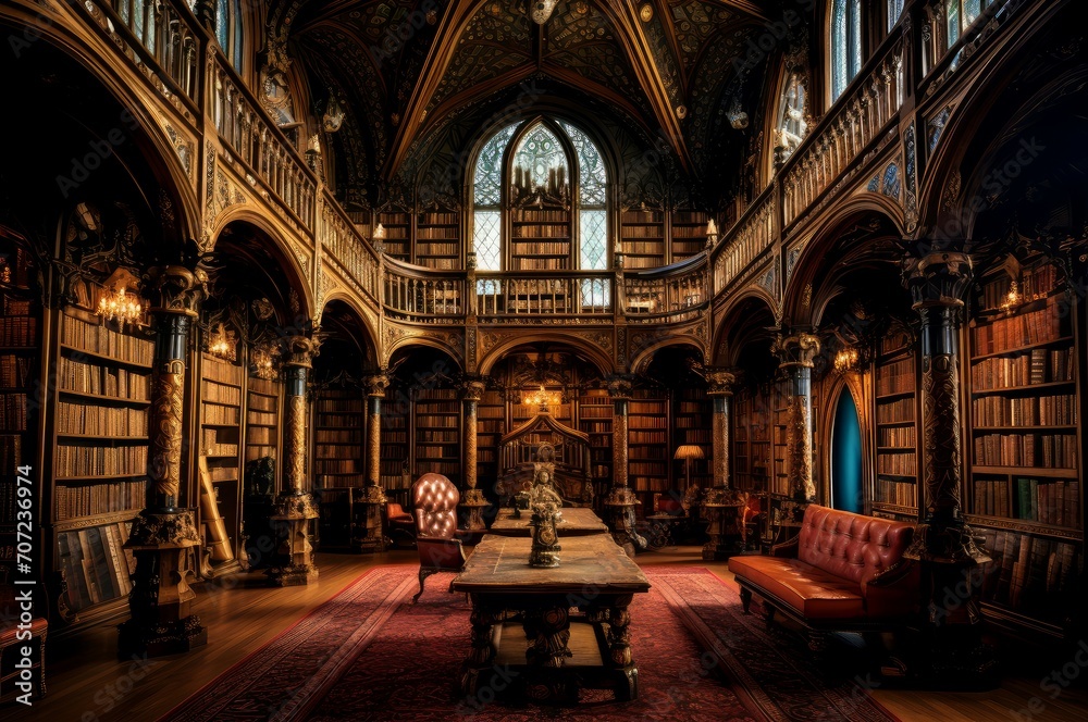 Fascinating Magnificent library. Old interior room. Generate Ai - obrazy, fototapety, plakaty 