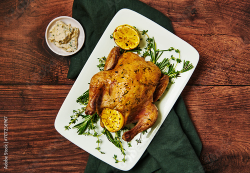 Roasted chicken on a bed of herbs with lemon and butter photo