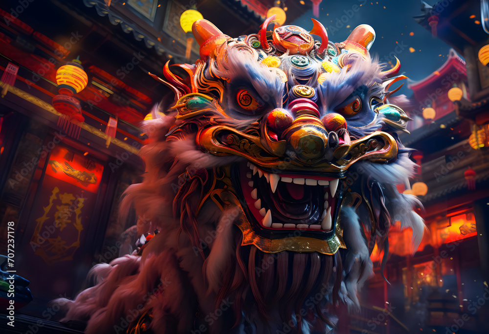 Chinese Lion Dance in the street at night. Chinese Lion Dance is one of the famous Chinese new year festivals Chinese Lion Dance in the street at night. Chinese Lion Dance is one of the famous Chinese new year festivals