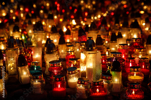Lanterns on gravestone at night during All Saint's day