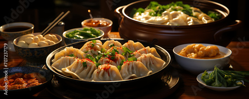 Two bowls of dumplings surrounded by utensils like spoons, forks and chopsticks, ready for a tasty meal experience