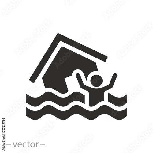 person drowns and calls for help icon, flood, house in water waves, flat symbol on white background - vector illustration