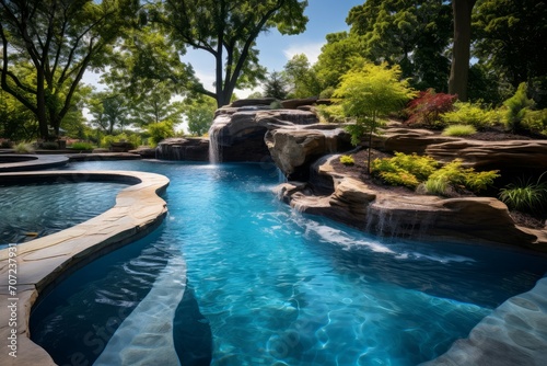 Balmy majestic tropical swim pool. Hotel exterior. Generate Ai © juliars