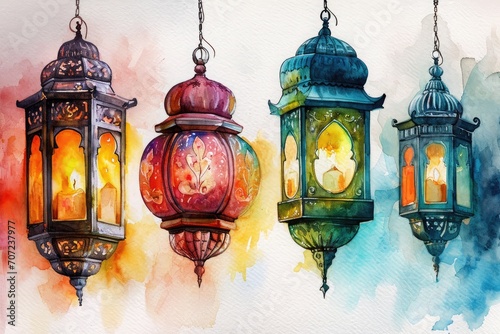 Islamic greeting eid mubarak lantern illustration ramadan kareem beautiful ornament background