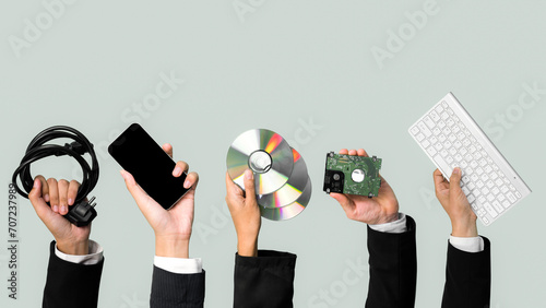 Panoramic banner hand holding electronic waste on isolated background. Eco-business recycle waste policy in corporate responsibility. Reuse, reduce and recycle for sustainability environment. Quaint