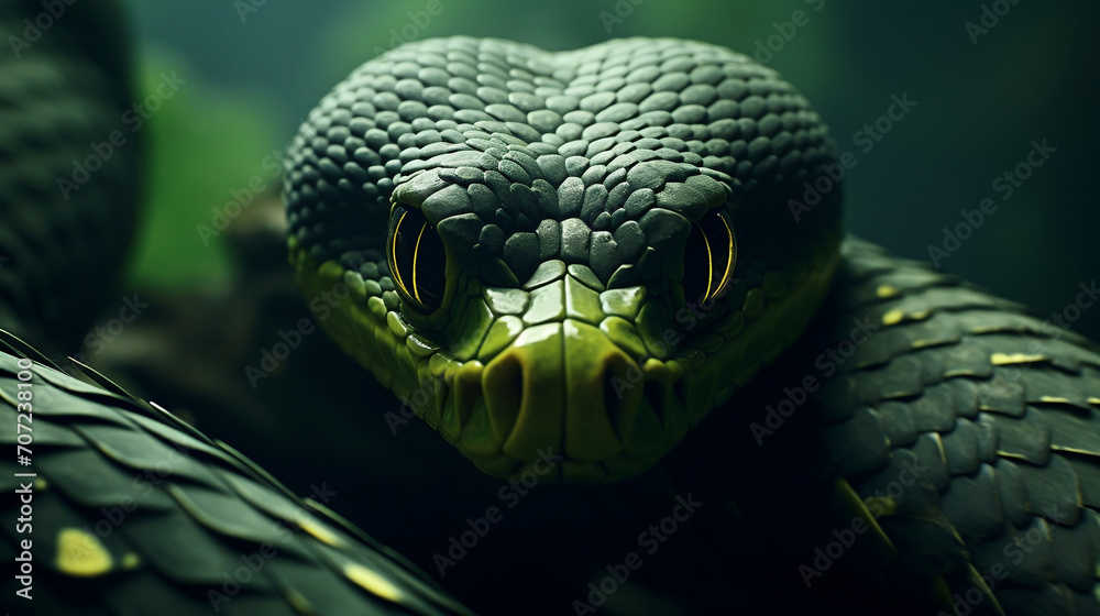 Explore the mesmerizing world of macro photography with this symmetrical close-up portrait featuring an expressive black mamba in its lush green jungle habitat. Explore the mesmerizing world of macro photography with this symmetrical close-up portrait featuring an expressive black mamba in its lush green jungle habitat.