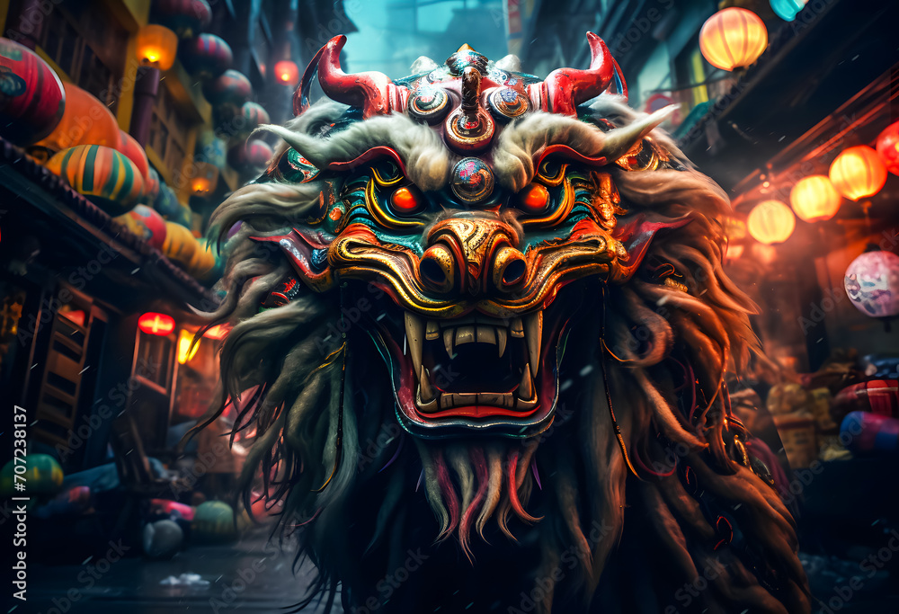 Fototapeta premium Chinese Lion Dance in the street at night. Chinese Lion Dance is one of the famous Chinese new year festivals