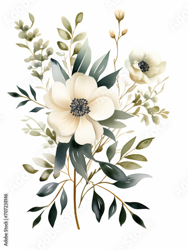 Flores e folhas verdes isolado no fundo branco - Design simples em aquarela photo