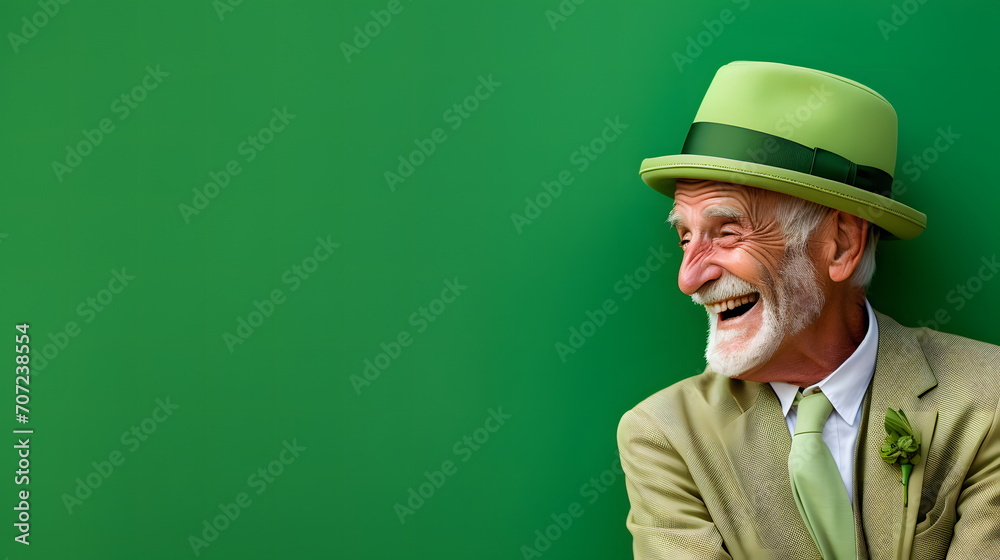 stylish senior man wearing green suit and hat against green wall - cheerful elderly male laughing stylish senior man wearing green suit and hat against green wall - cheerful elderly male laughing