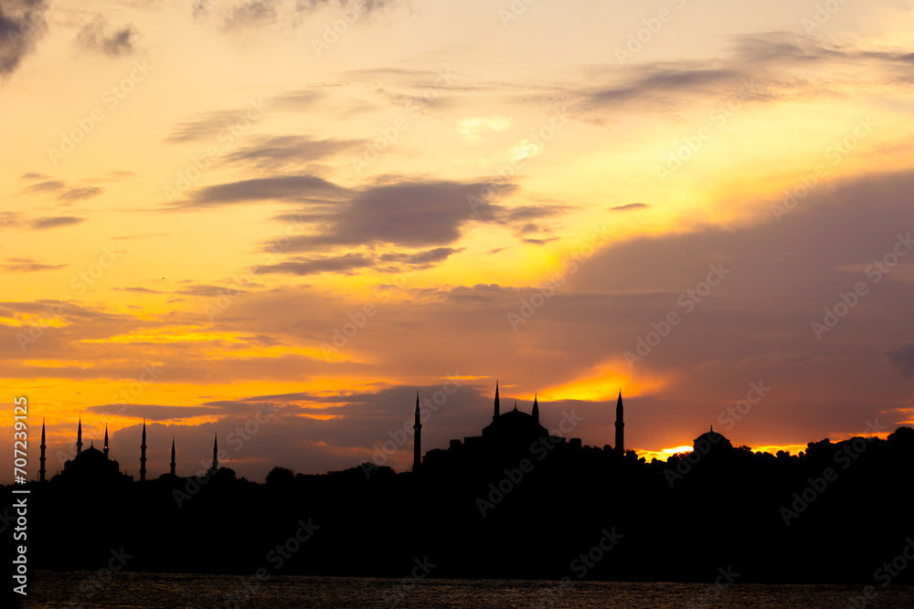 Silhouette of Istanbul with Sultanahmet and Hagia Sophia at sunset