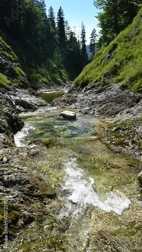 Vertical shot of a mountains stream in late summer sunlight, slow motion