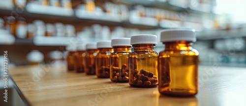small bottles with caps, containing medications, on a shelf in a pharmacy