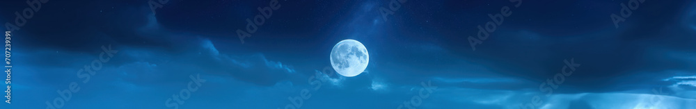 extra wide panoramic full moon night sky. Vibrant gradient tones. poster banner landing page background design. Vibrant fantasy colorful cloudscape. Light blue with dark night blue hues.