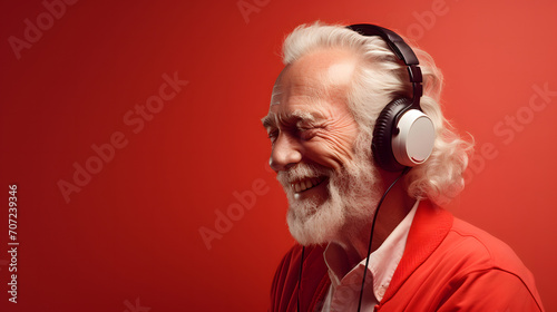 cheerful senior male listening to music with headphones - happy musician or singer