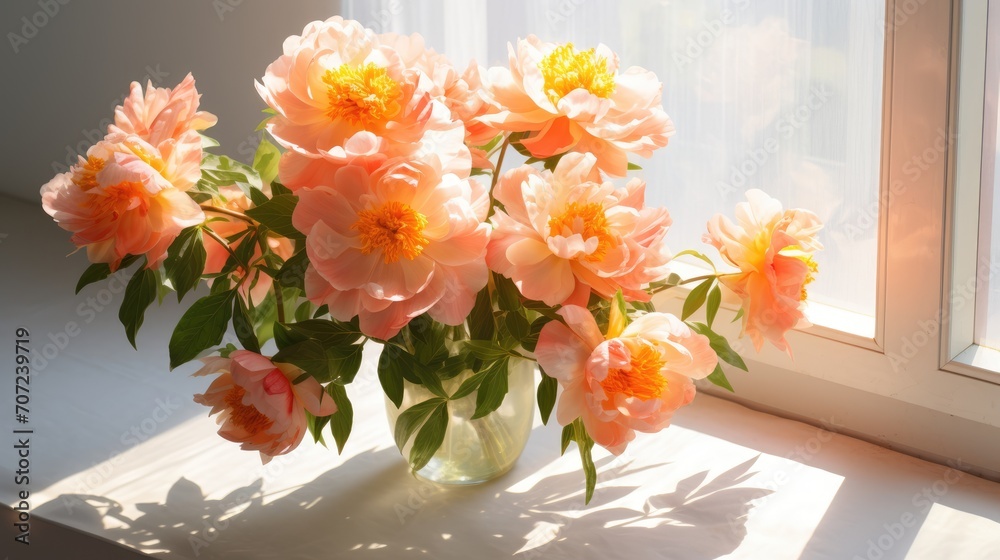 A bouquet of peach peonies in a vase on the windowsill for congratulations on Mother's Day, Valentine's Day, Women's Day. Romantic background and greeting card.
