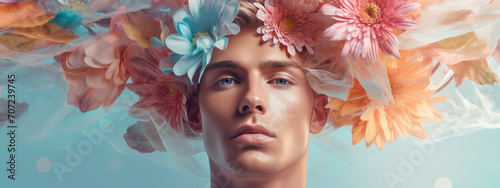 Beautiful young man with flowers over head on blue background baner photo