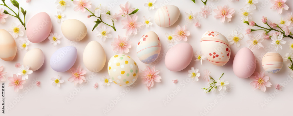 Easter eggs and spring flowers, top view Easter eggs and spring flowers, top view