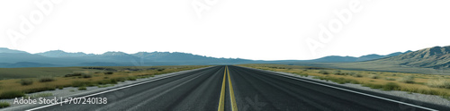 Sunny bright highway. Empty highway with no cars or people. Yellow lines dividing the double lane street. Mountains and fields. Premium pen tool cutout transparent background PNG.