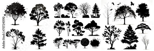 Set of black silhouettes of various trees on transparent background PNG.