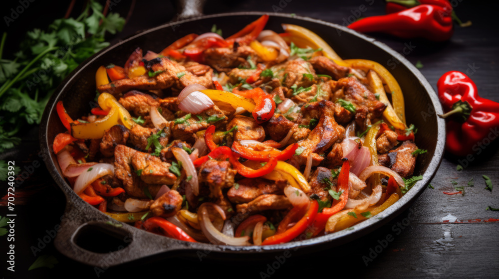 Fajitas with colorful bell peppers in pan a Fajitas with colorful bell peppers in pan a
