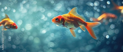 A Tiny Goldfish Confidently Leads A Group, Embodying The Idea Of Leadership. Сoncept Leadership Through Humility, Unlikely Leaders, The Power Of Small Actions, Leading By Example