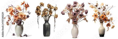 Vase with dried flowers on transparent background PNG. Symbol of disappointment, unrequited hope, broken heart. photo