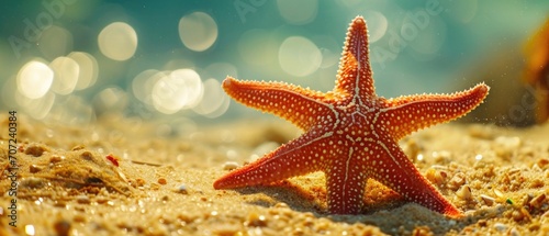 A Vibrant Starfish Basking In The Sun  Showcasing Its Captivating Marine Beauty.   oncept Underwater Coral Reefs  Exotic Marine Life  Tropical Paradise  Majestic Sea Turtles
