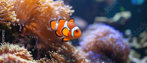 Bright Orange And White Striped Ocellaris Clownfish Swimming Amidst Coral Reef. Сoncept Marine Life Photography, Coral Reef Ecosystem, Colorful Clownfish, Underwater World, Ocellaris Clownfish